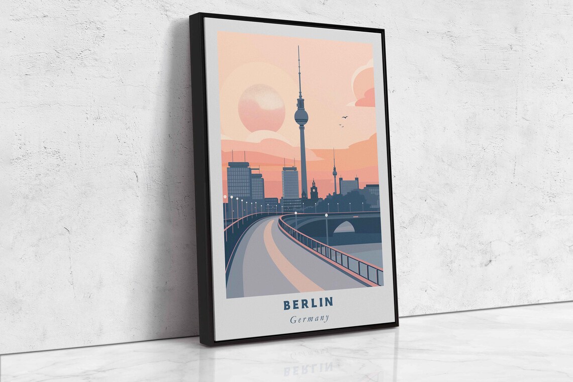 Berlin Germany TV Tower Oberbaum Bridge Sunset Skyline Travel Poster - Image 2