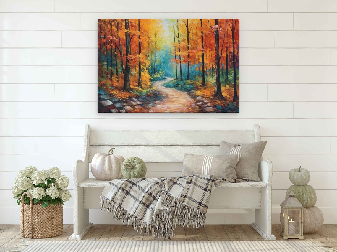 Autumn Forest Path Golden Orange Leaves Sunlit Trail Art Poster - Image 2