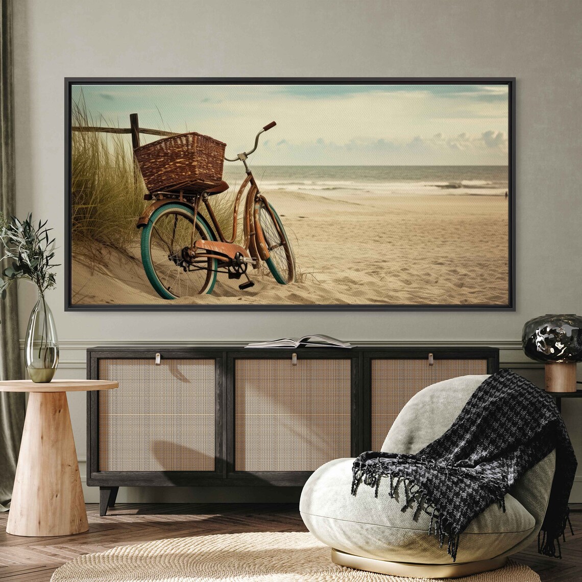Vintage Bicycle Resting in Sand, Beach Art Print