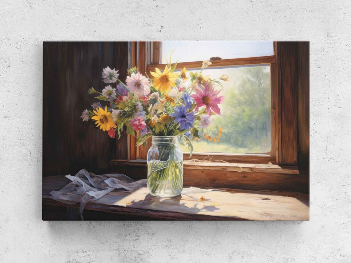 Flowers In Mason Jar Rustic Botanical Art Print