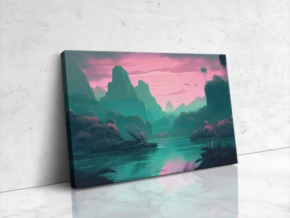 Pastel Color Tropical Landscape Vaporwave Aesthetic Illustration On Ready To Hang - Image 4