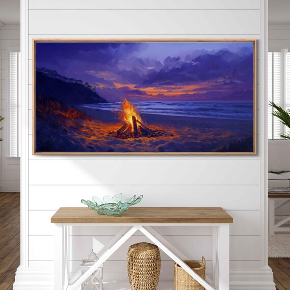 Beach Bonfire At Sunset Glowing Flames Purple Orange Sky Art Poster