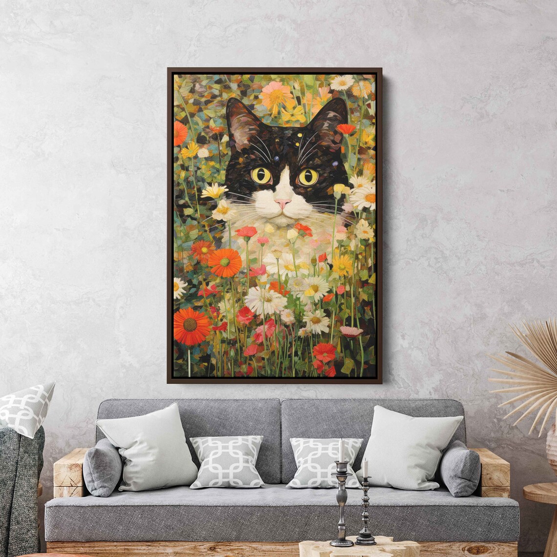 Black And White Garden Cat In Flowers Art Print - Image 2