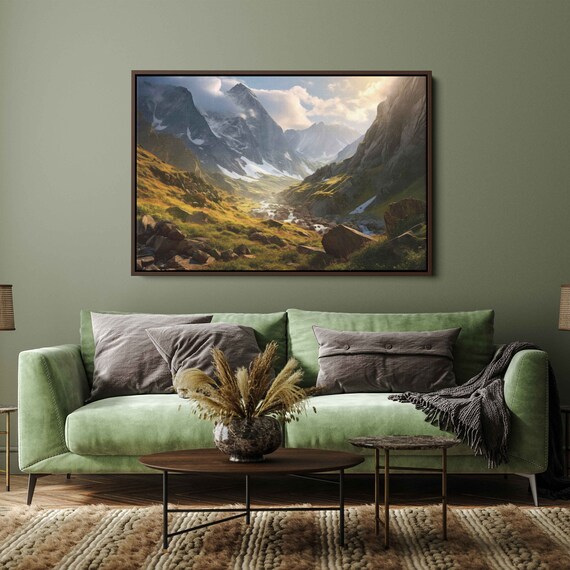 Captivating Sunlit Landscape Scene Green Valley Snowy Mountains Painting Framed Print Ready To Hang