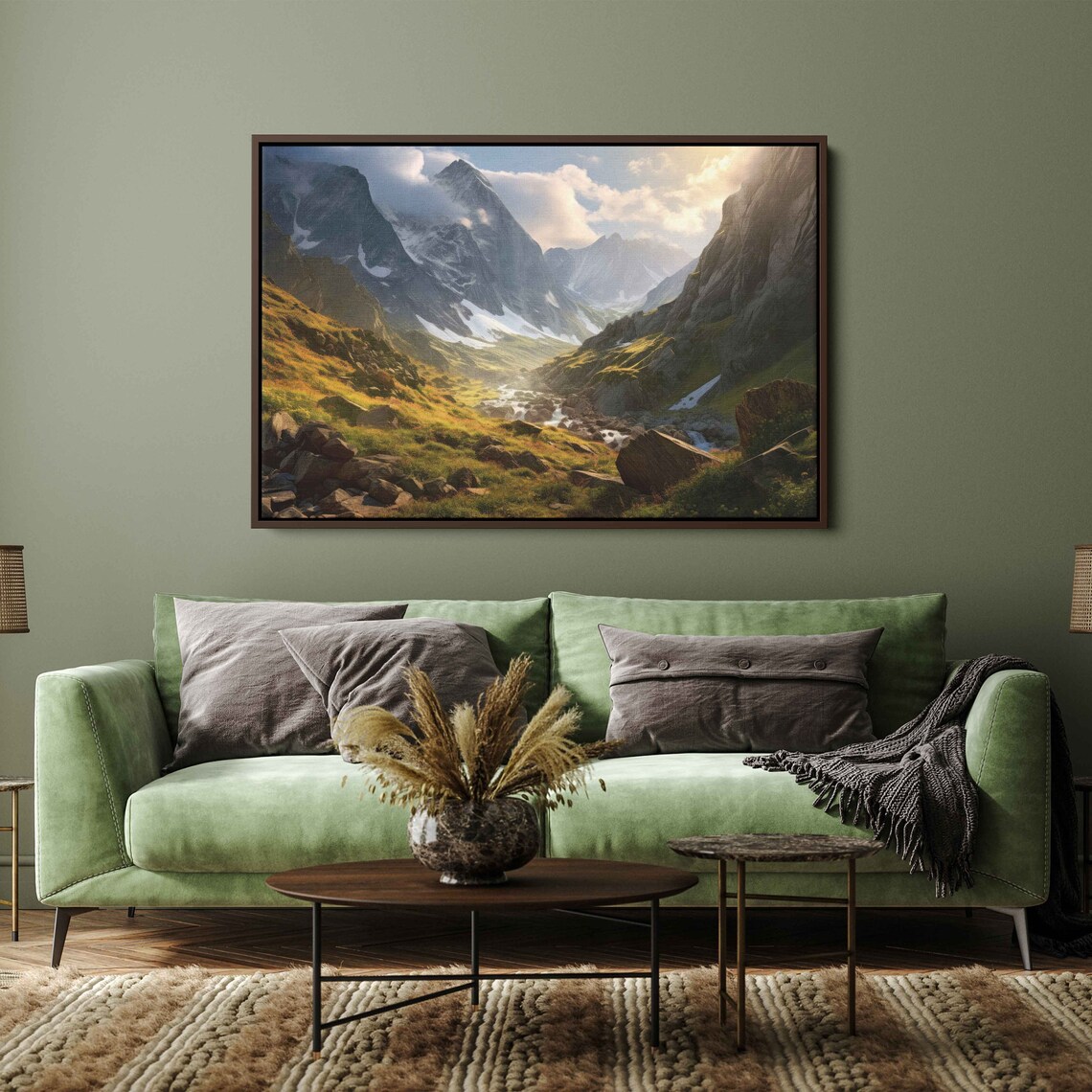 Captivating Sunlit Landscape Scene Green Valley Snowy Mountains Painting Framed Print Ready To Hang