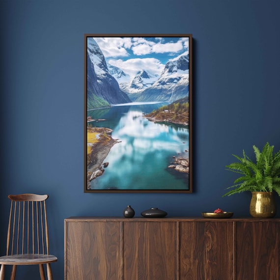 Scenic Alpine Snowy Mountain Turquoise Lake Reflection Poster