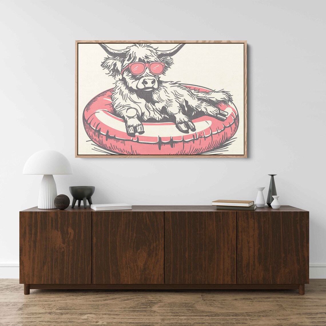 Highland Cow With Sunglasses In Pink Pool Float Funny Sketch Poster - Image 3