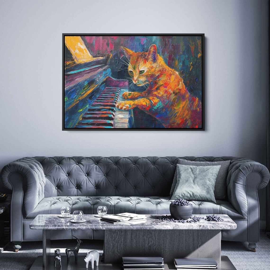 Colorful Tabby Cat Piano Player Abstract Music Room Fun Pet Art Poster - Image 3
