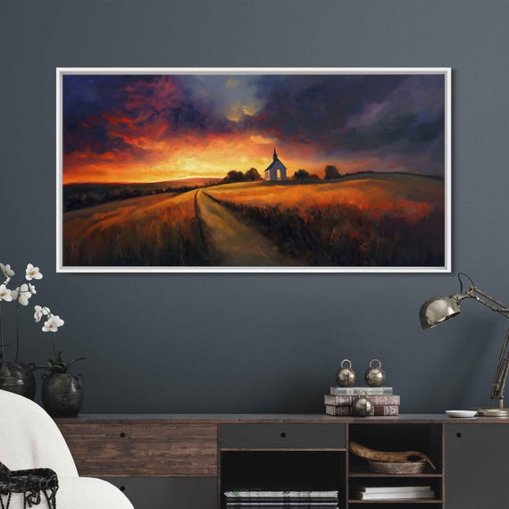 Countryside Chapel At Dusk Wall Art Print Vibrant Sunset Sky Peaceful Landscape