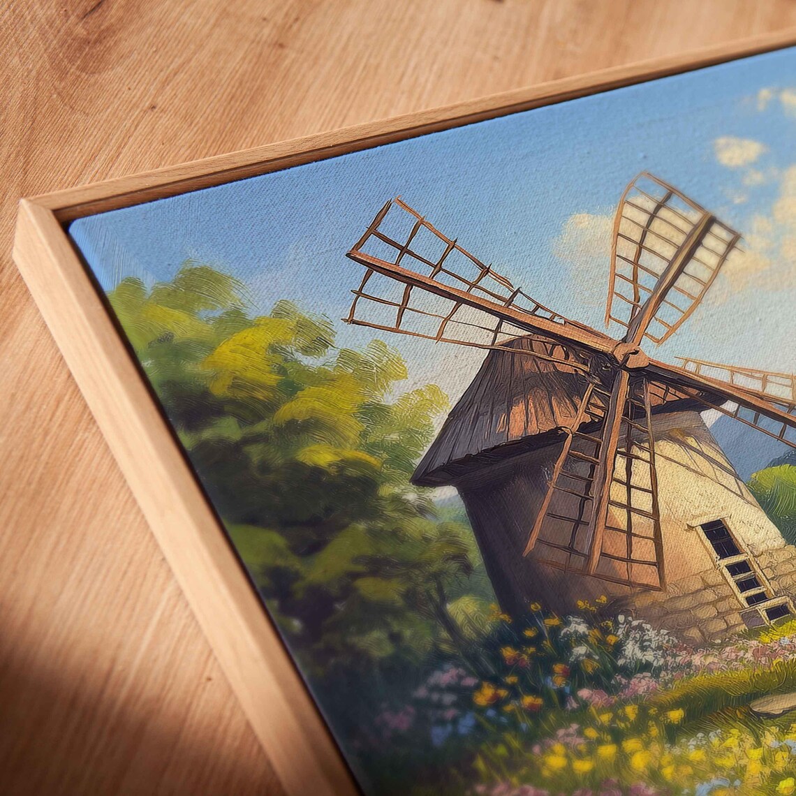 Old Fashioned Windmill By Lake, Wildflowers Landscape - Image 2