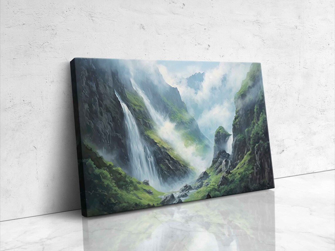 Cloudy Mountain Waterfall Modern Oil Painting Ready To Hang Framed Print - Image 4