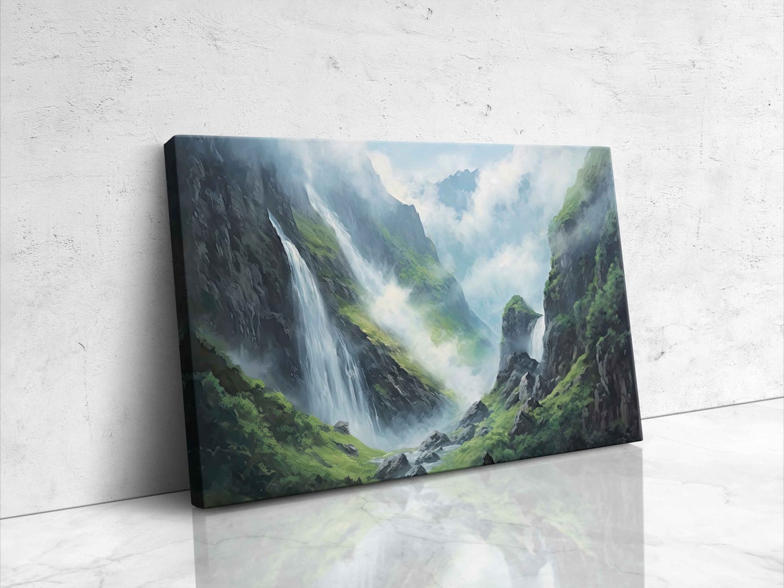 Misty Mountain Waterfalls Lush Green Gorge Scenic Nature Poster - Image 4