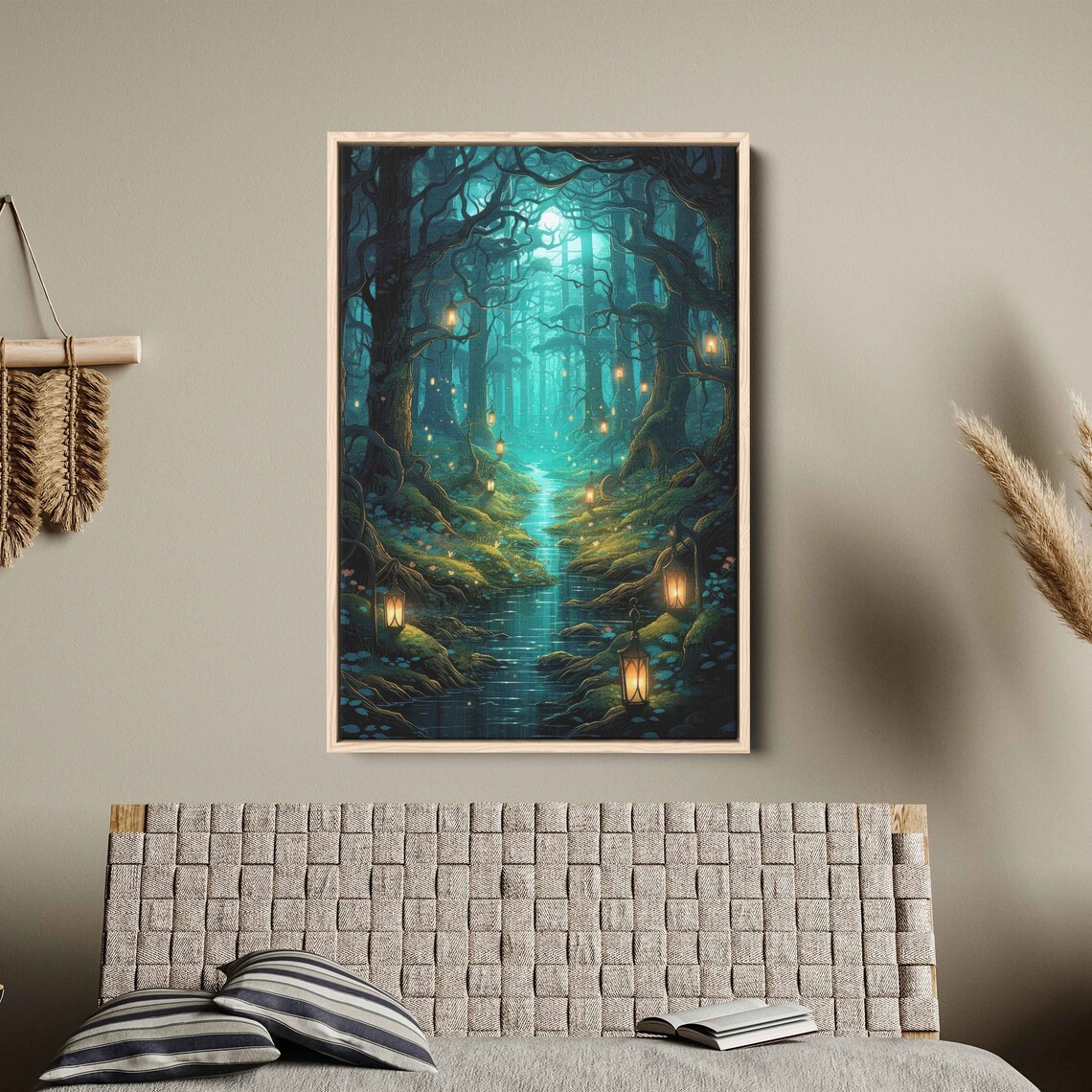 Enchanted Lantern Forest Winding Stream Magical Pond Fantasy Art Wall Art Print Ready To Hang