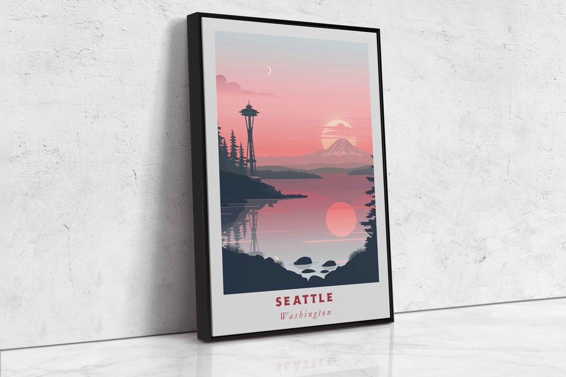 Seattle Washington Space Needle Mount Rainier Sunset Bay Poster - Image 2