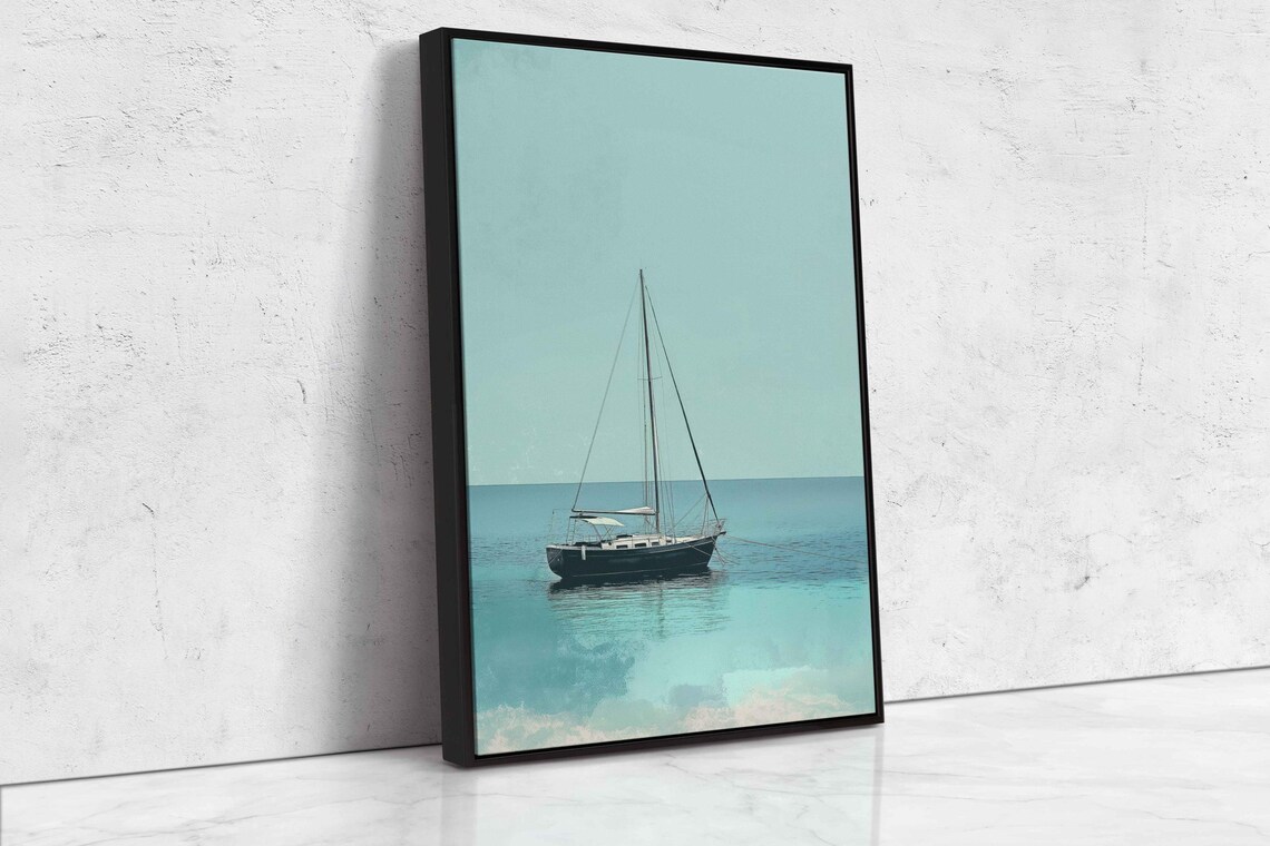 Lone Sailboat Anchored On Calm Turquoise Ocean Minimalist Nautical Poster - Image 4
