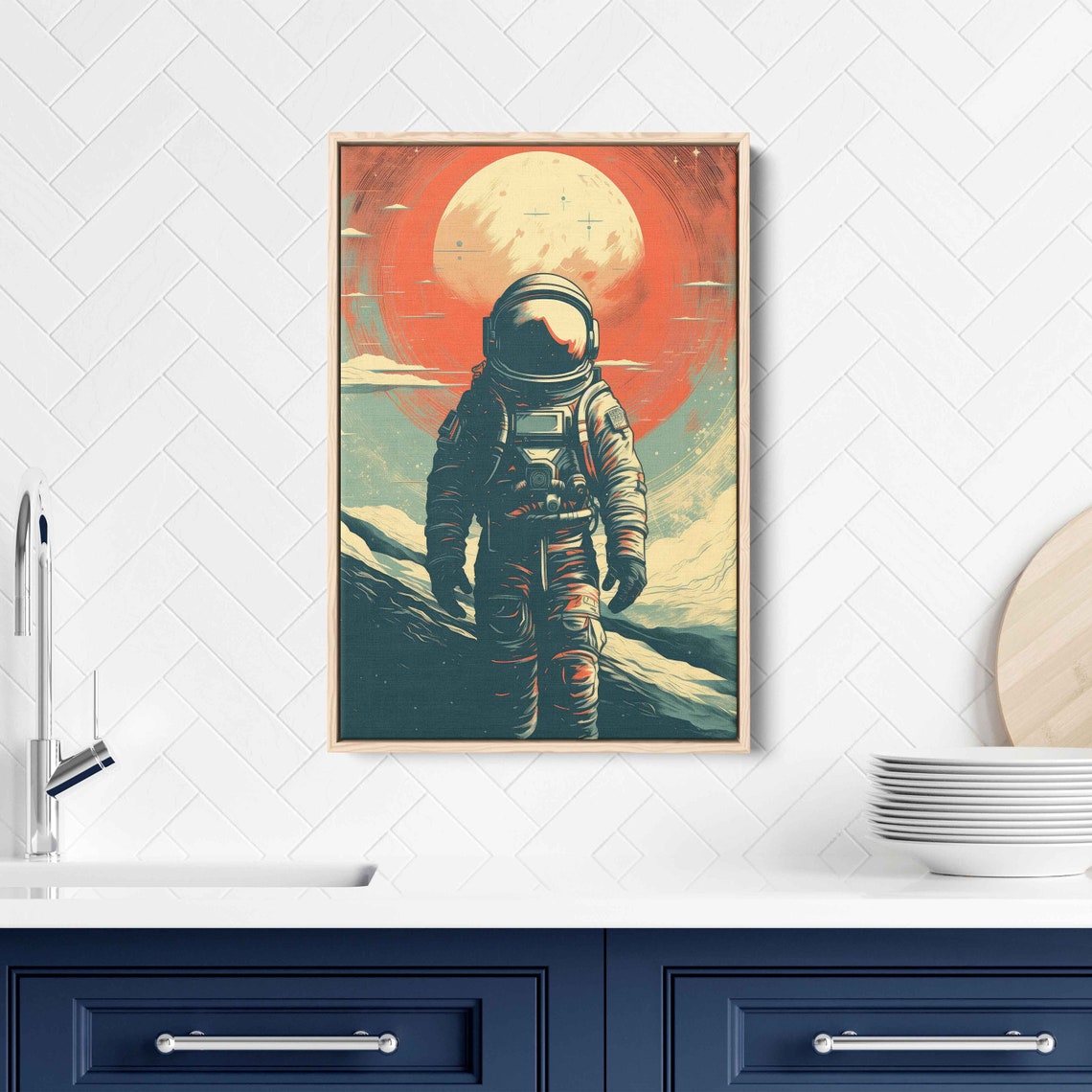 Retro Astronaut Space Art Giant Moon Earth Tone Vintage Style Poster - Image 2