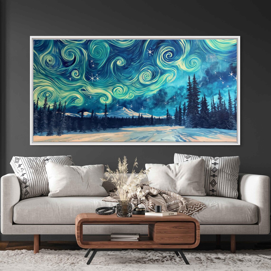Teal Starry Night Swirls Over Snowy Forest And Mountain Peak Poster - Image 3