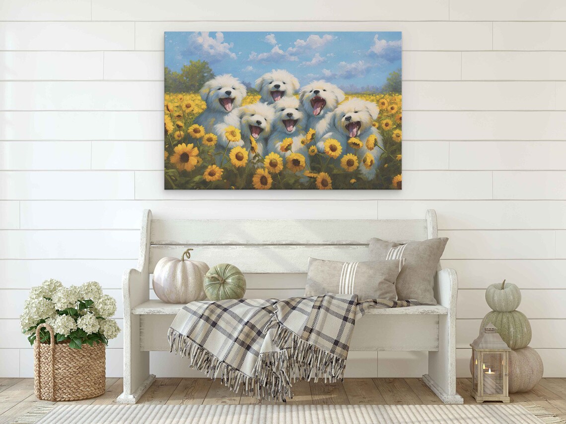 Cheerful White Puppies Among Sunflowers Joyful Dog Painting Poster - Image 2