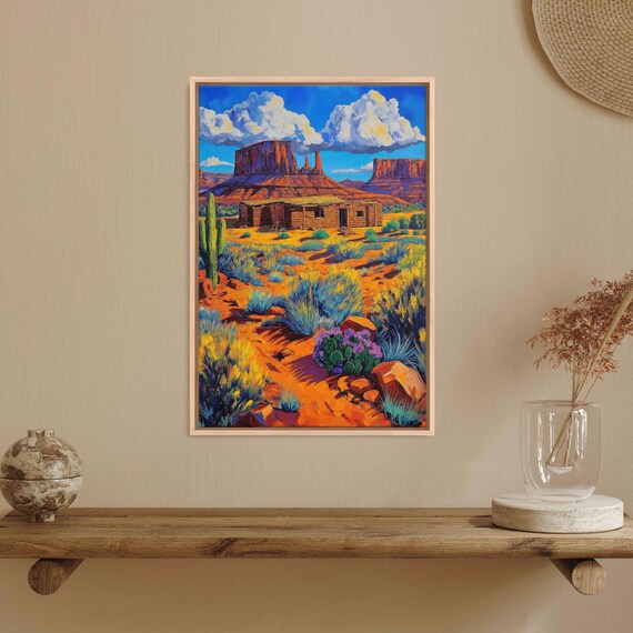 Navajo Hogan In Arizona Desert Wall Art Print Colorful Acrylic Painting Cultural Landscape