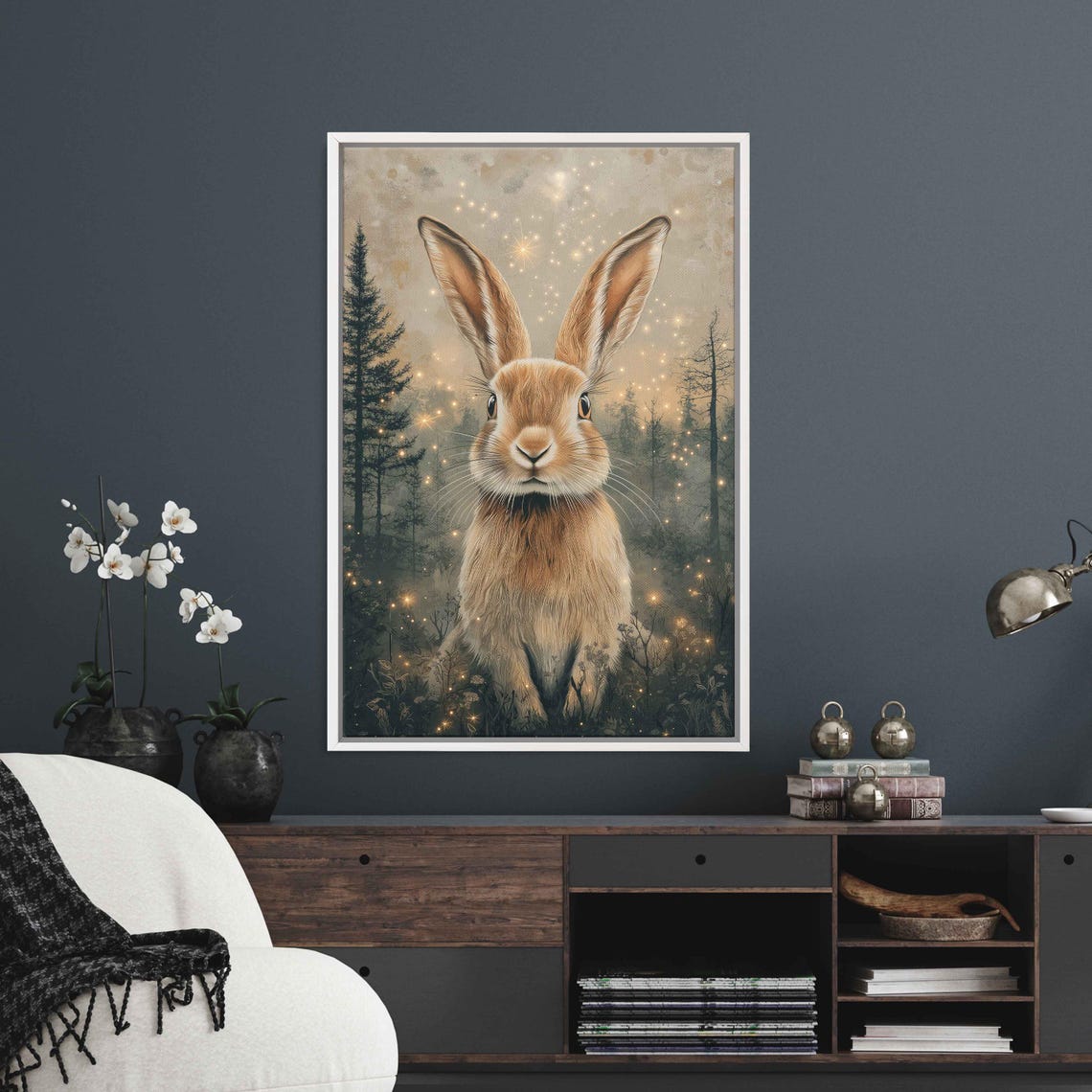 Twilight Hare Portrait Magical Forest Sparkles Whimsical Animal Poster