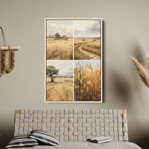 Wheat Fields Watercolor Wall Art Print Rural Farm Life Old Farmhouse Cloudy Skies Ready To Hang