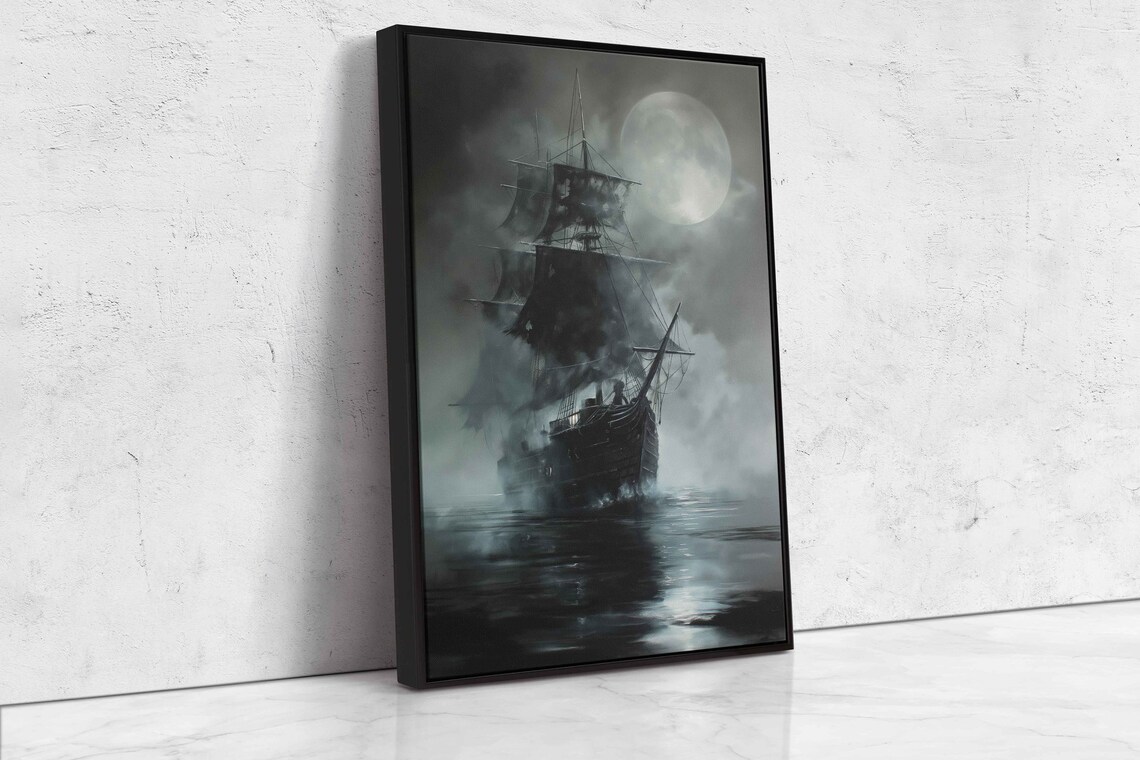 Ghostly Pirate Ship Under Full Moon Foggy Sea Gothic Wall Art - Image 4