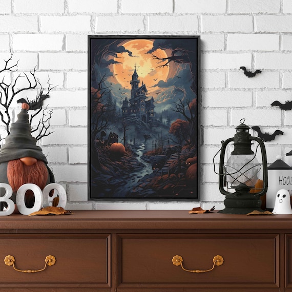 Spooky Haunted House Full Moon Halloween Night Bats Misty Path Art Print