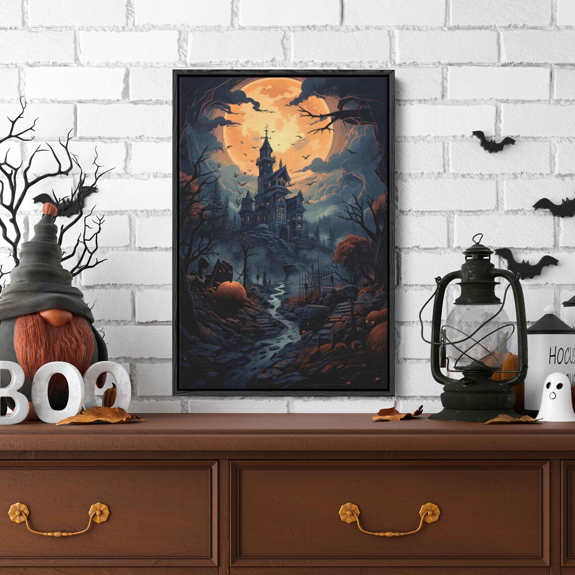 Spooky Haunted House Full Moon Halloween Night Bats Misty Path Art Print