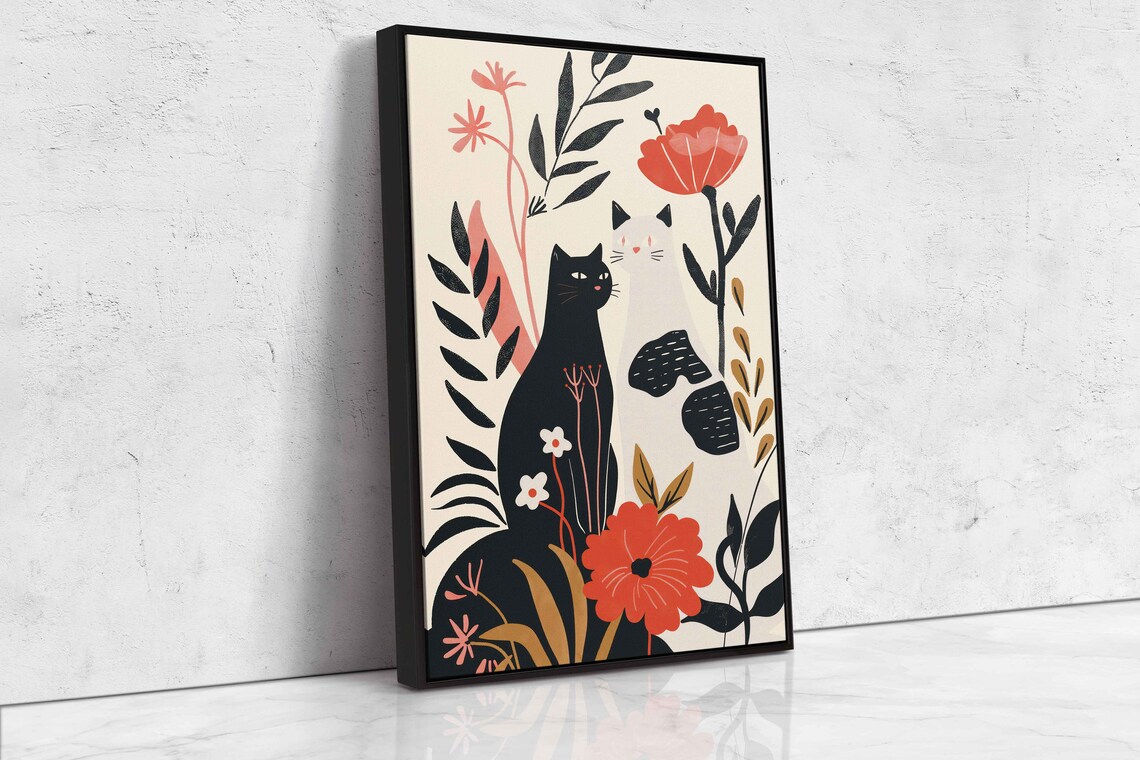 Black and White Cats Among Red Flowers Matisse Style Modern Art Print - Image 4
