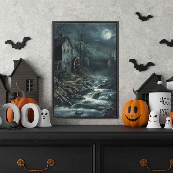 Haunted Old Mill Waterwheel Moonlit Stream Eerie Night Wall Art