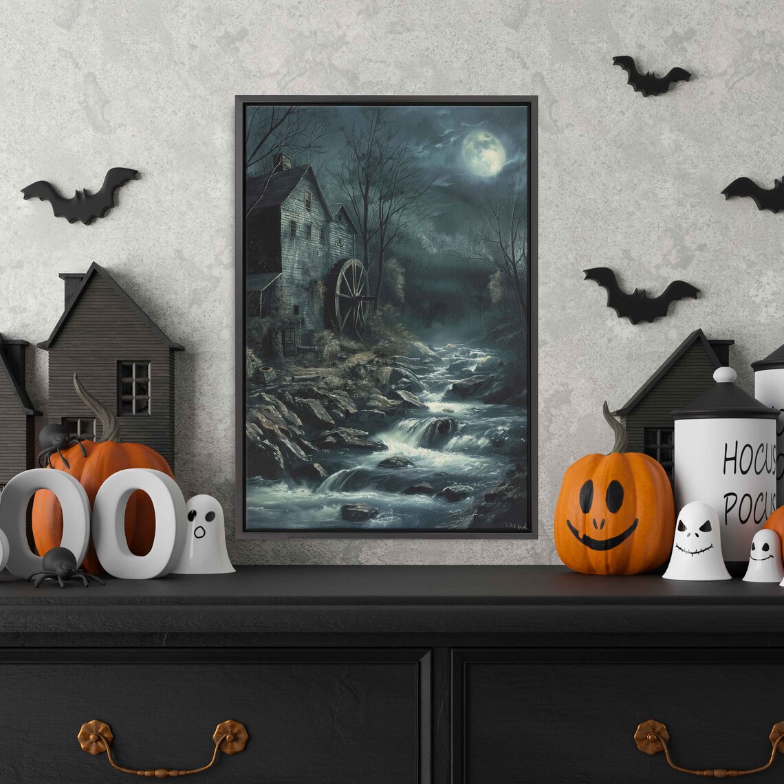 Haunted Old Mill Waterwheel Moonlit Stream Eerie Night Wall Art