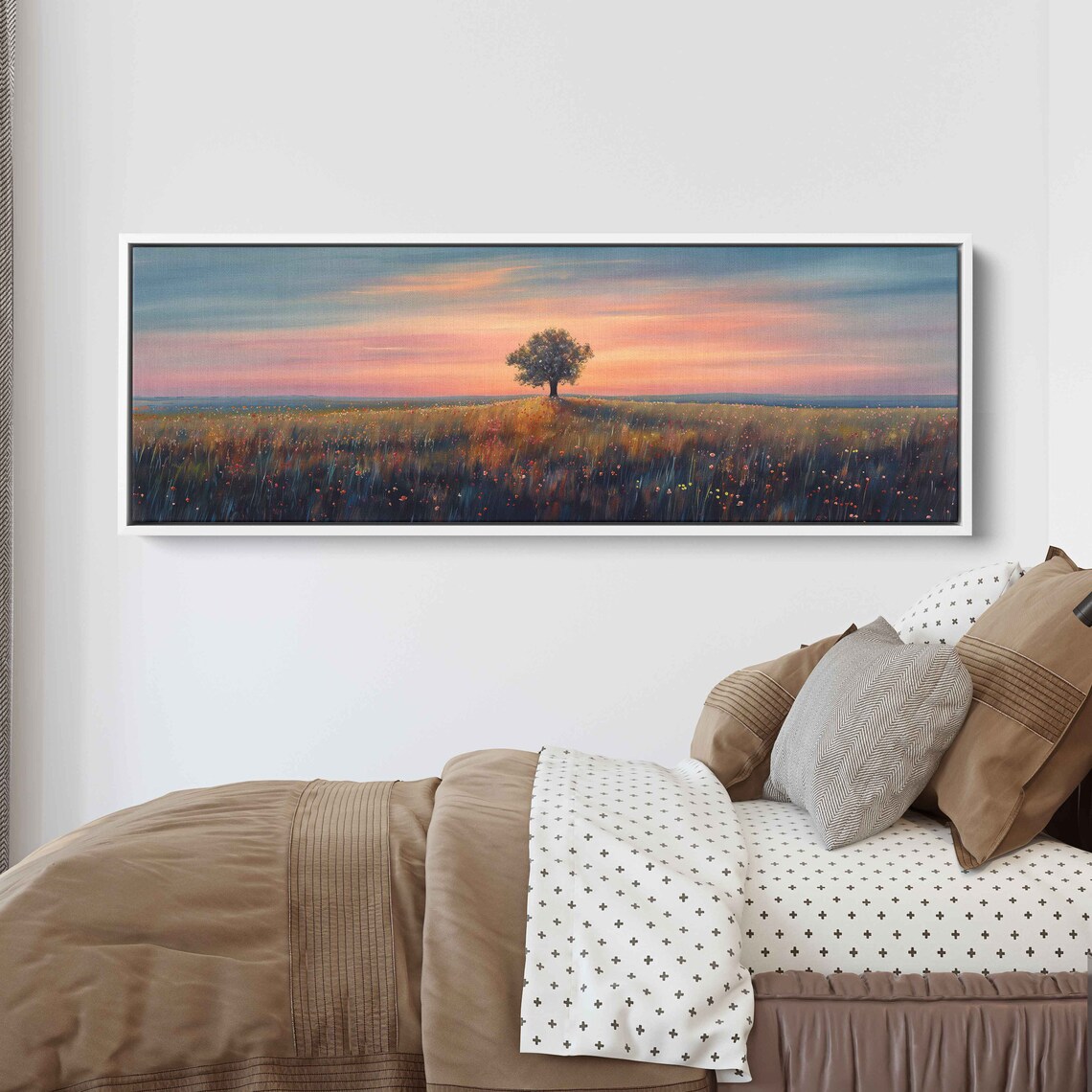 Minimalistic Serene Meadow Landscape Panoramic Wall Art Print Lone Tree In Grassland Nature Painting Ready To Hang - Image 3