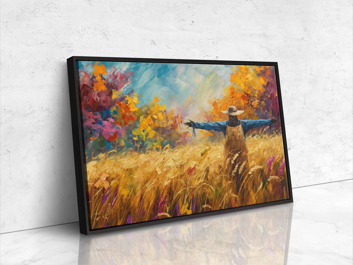 Scarecrow In Golden Wheat Field With Colorful Autumn Trees Poster - Image 4