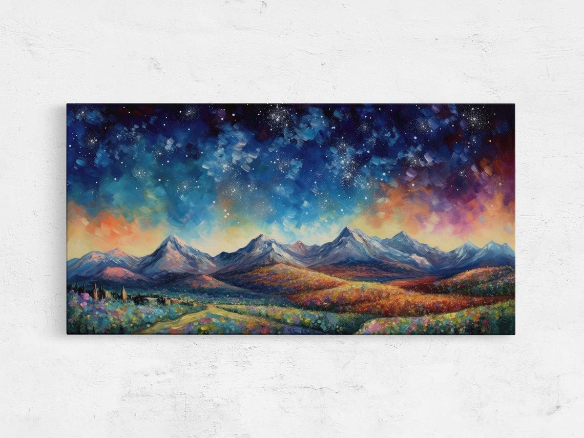 Starry Night Mountain Range Colorful Rolling Hills Painting Poster