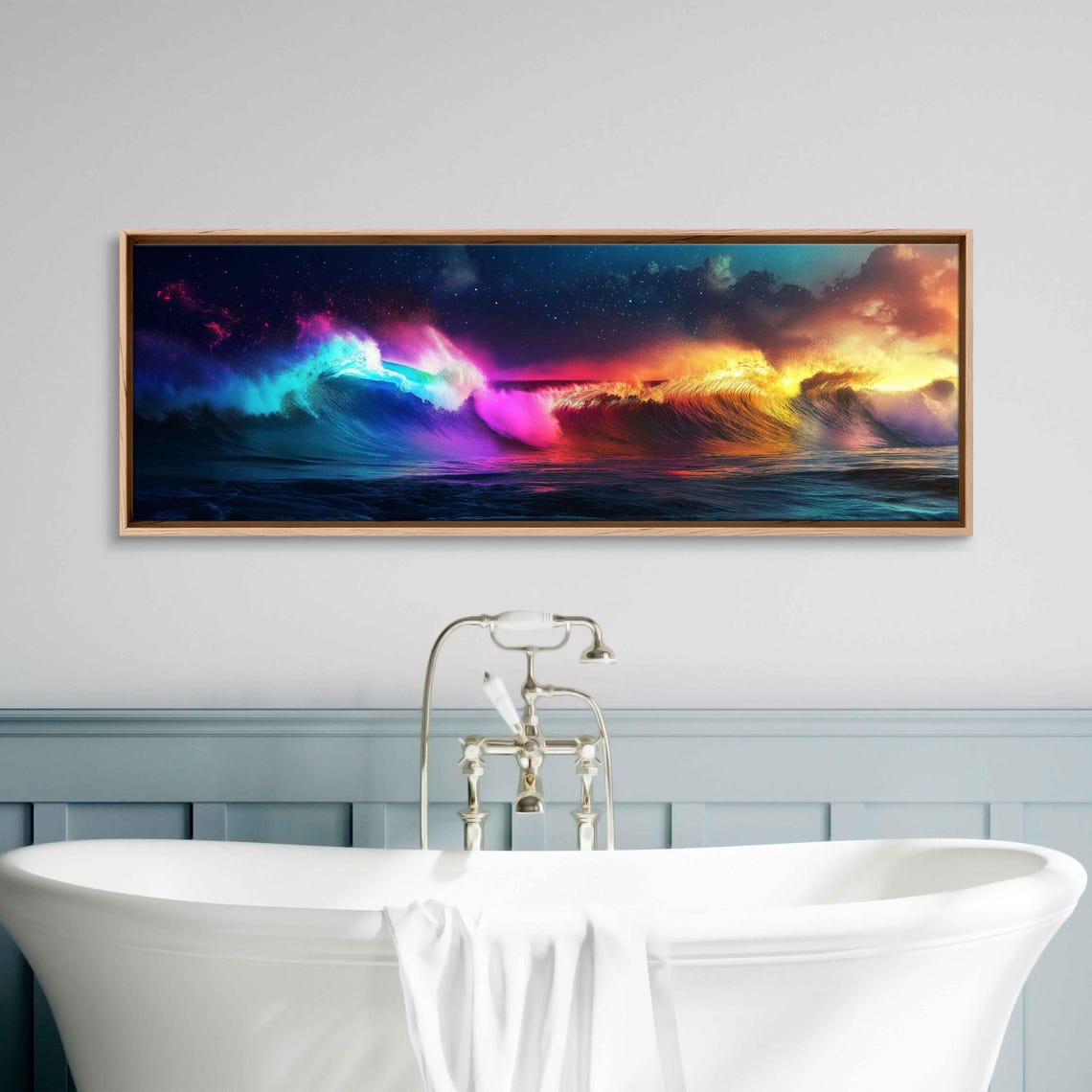 Colorful Neon Ocean Waves Night Sky Surreal Surf Scene Poster