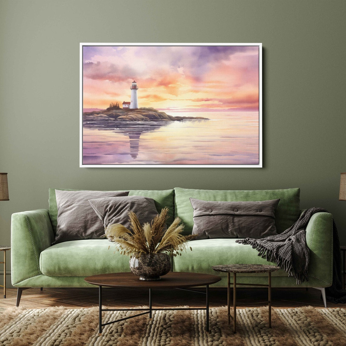 Lighthouse At Sunset Watercolor Calm Sea Rocky Coast Reflection Print - Image 3