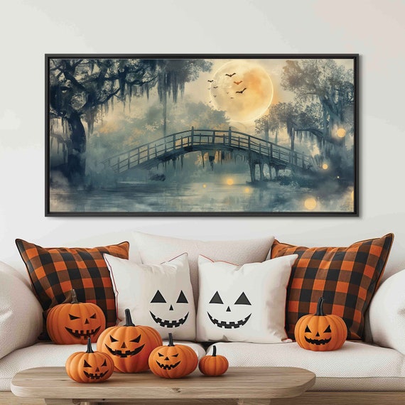 Creaky Old Wooden Bridge Spanning Over Misty Swamp Wall Art Print Moonlit Enchanted Foggy Marsh Ready To Hang