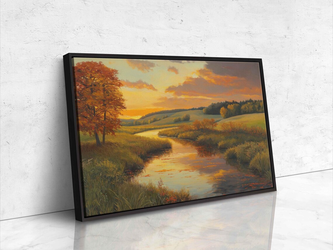 Serene Countryside Landscape, Autumn Foliage Stream Sunset - Image 4