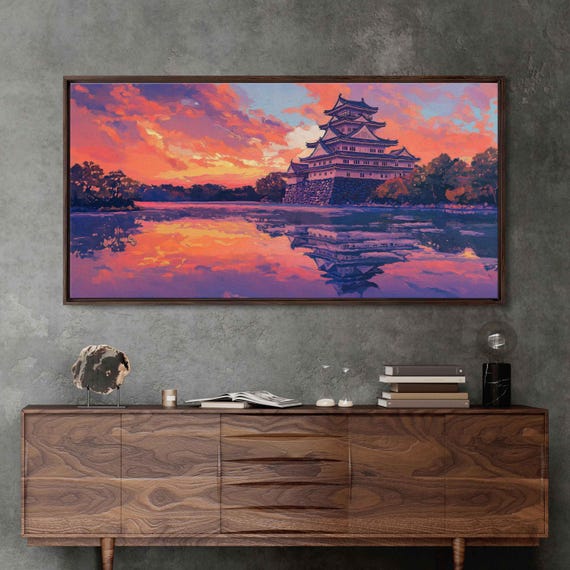 Ancient Japanese Castle, Sunset Reflection Art Print