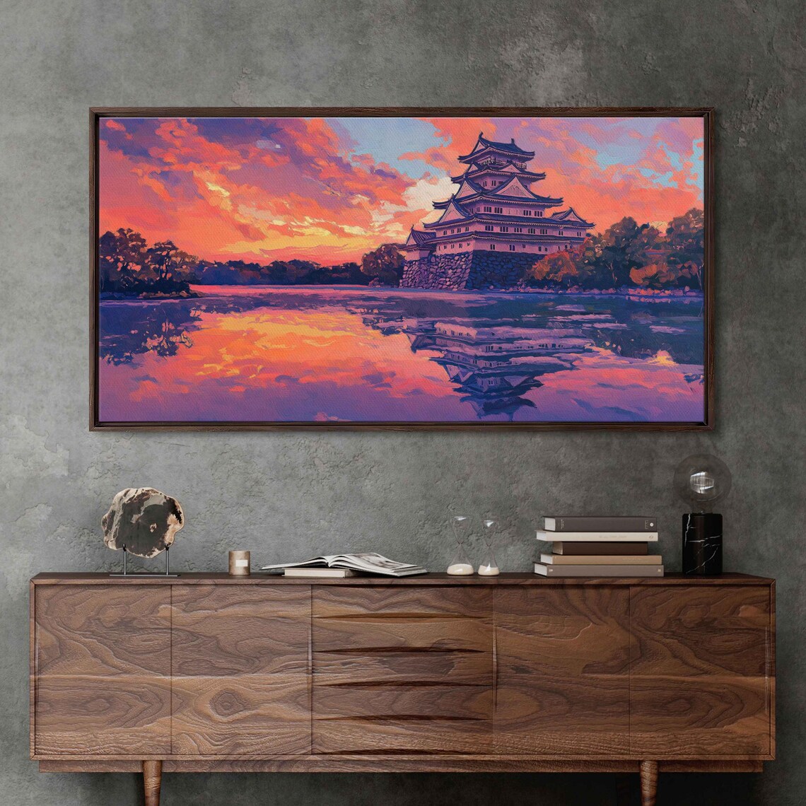 Ancient Japanese Castle, Sunset Reflection Art Print