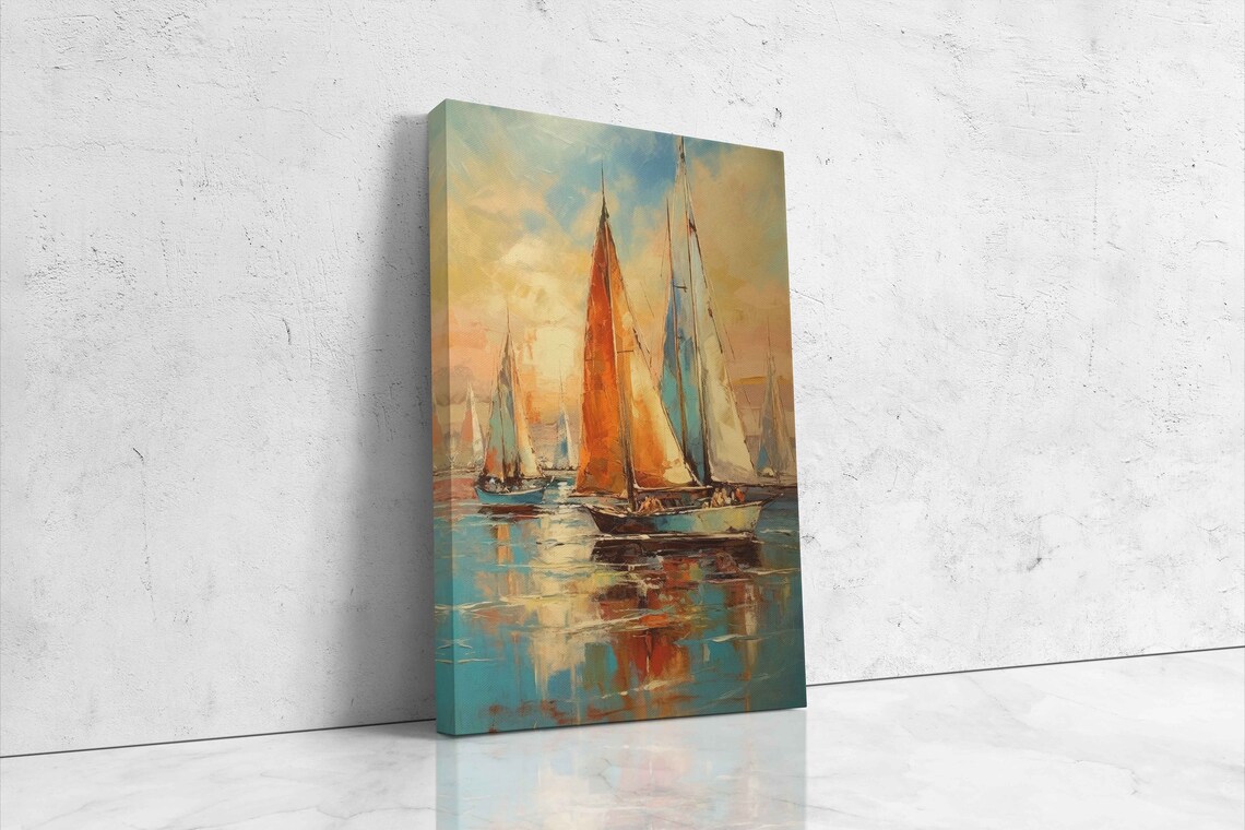 Sailboats On Ocean Bright Colorful Sky Reflection Oil Painting Poster - Image 4