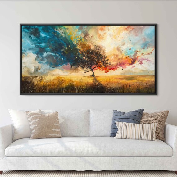 Lone Oak Tree That Looks On Fire In Grassy Field Oil Painting Wall Art Print Minimalistic Poster Ready To Hang