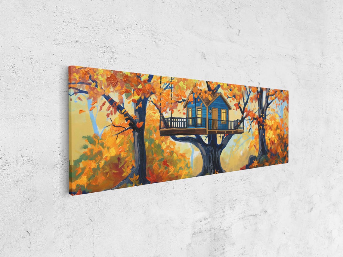Blue Treehouse Wraparound Deck Flaming Autumn Forest Wall Poster - Image 4