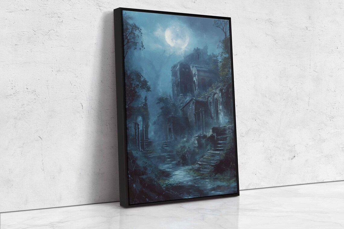 Eerie Abandoned Village Ruins Under Full Moon Foggy Night Poster - Image 4