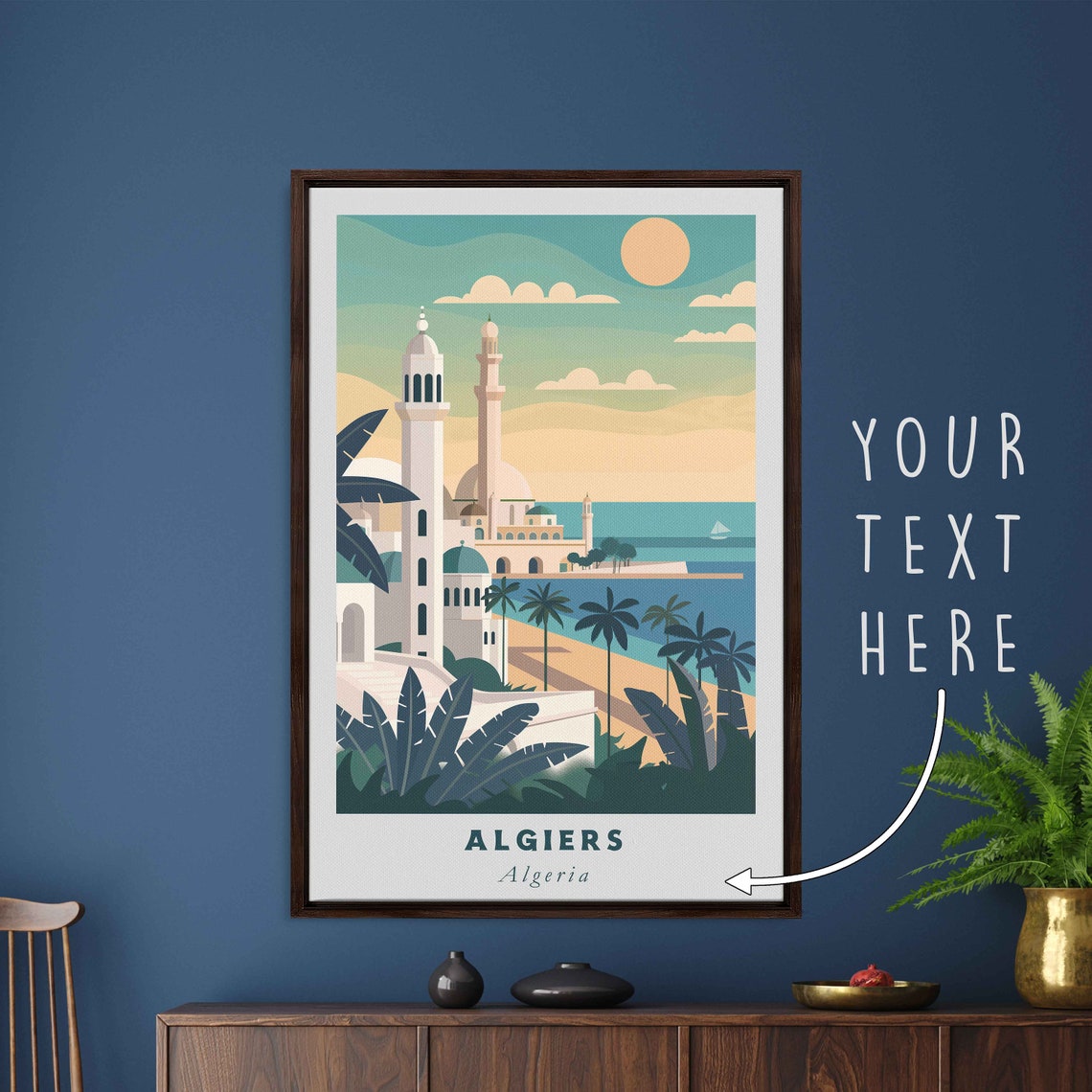 Algiers Algeria Coastal Mosque Beach Palm Trees Sunset Travel Poster