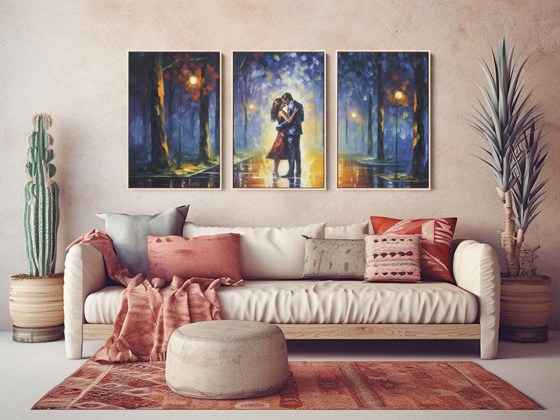 Romantic Couple Night Park Lamp Triptych Palette Knife Wall Art - Image 4