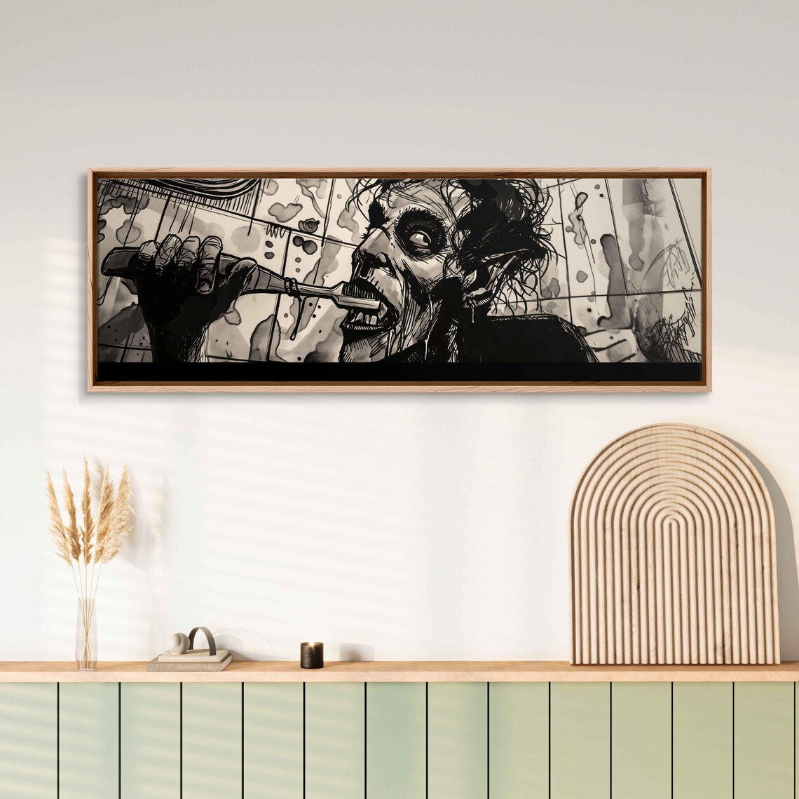Funny Zombie Brushing Teeth Comic Ink Close-Up Halloween Bathroom Poster