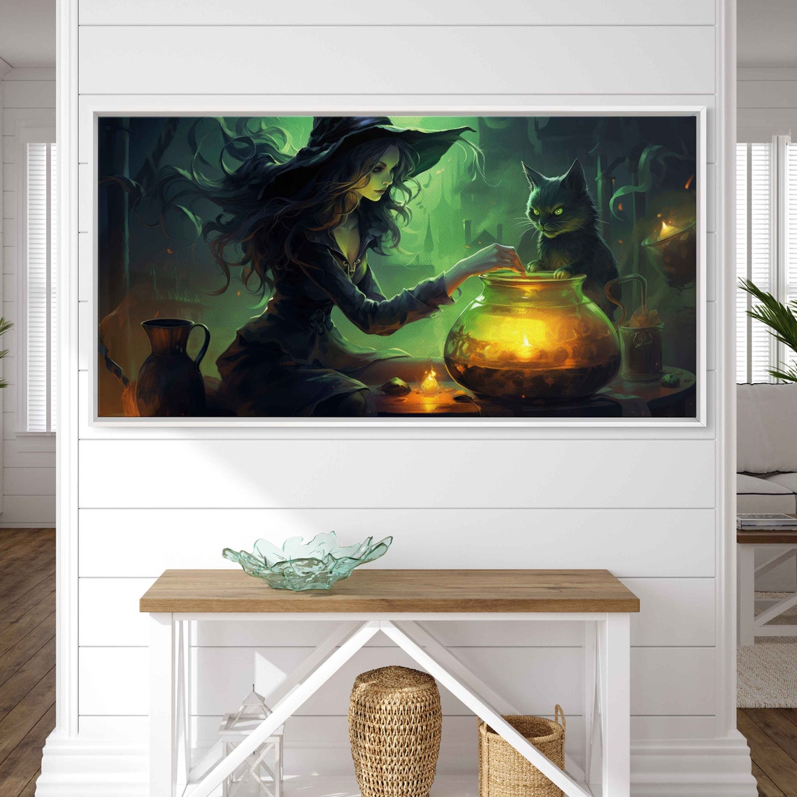 Witch Black Cat Brewing Glowing Potion Jar Green Magic Night Art Print - Image 3