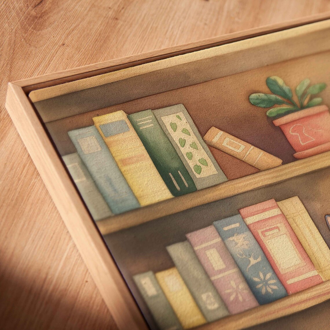 Watercolor Bookshelf With Cute Stuffed Animals and Plants Nursery Wall Poster - Image 2