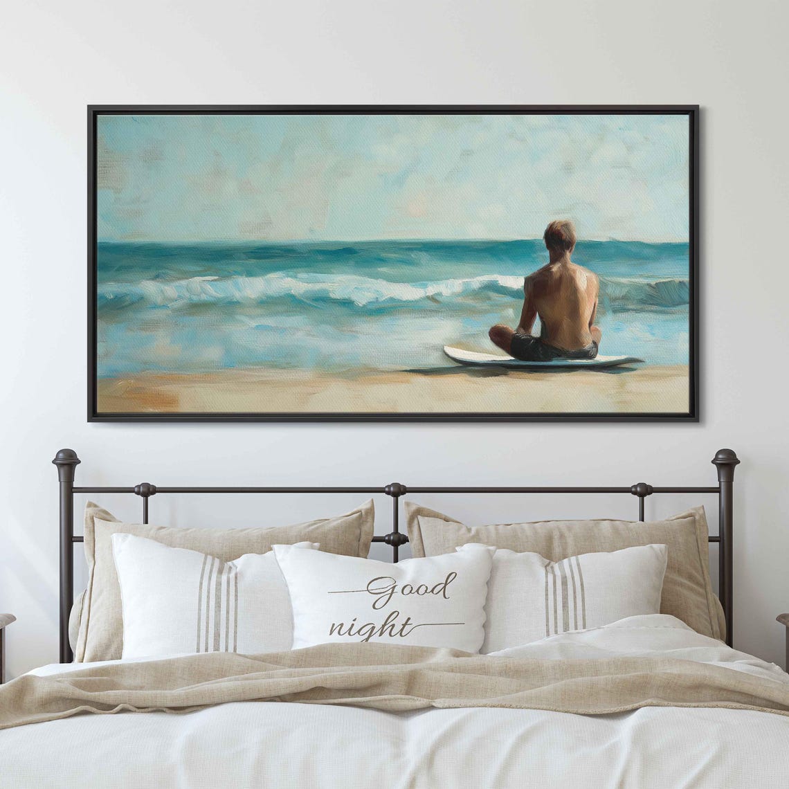 Surfer Sitting Beach Watching Waves Soft Blue Coastal Relaxing Poster